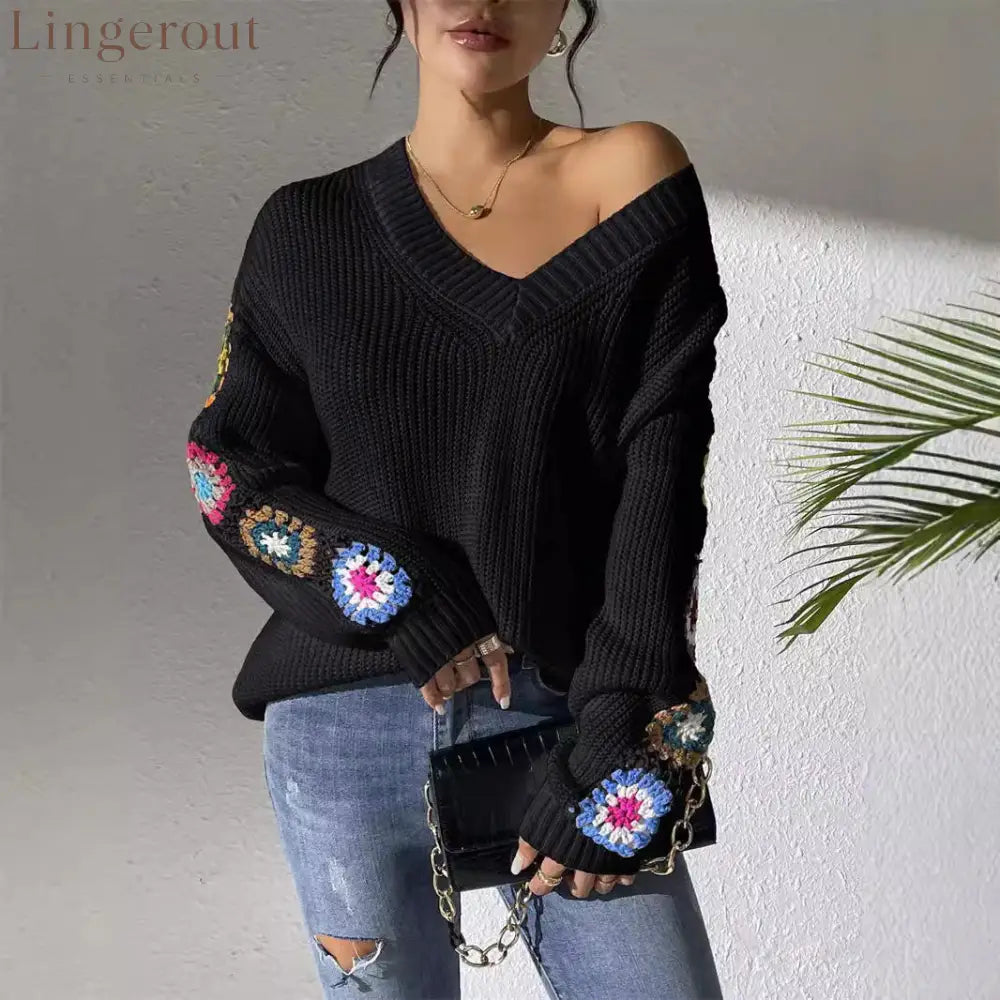 Crochet Flower V-Neck Sweater