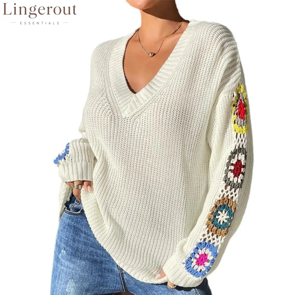 Crochet Flower V-Neck Sweater