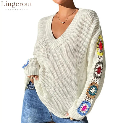 Crochet Flower V-Neck Sweater