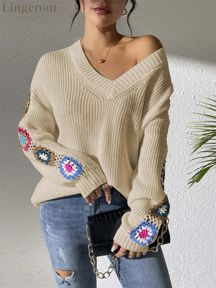 Crochet Flower V-Neck Sweater - Apricot / S