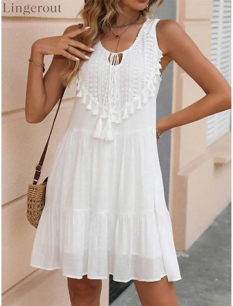 Crochet Lace Tassel‑Trim Sleeveless Tiered Mini Dress