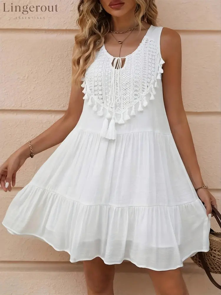 Crochet Lace Tassel‑Trim Sleeveless Tiered Mini Dress