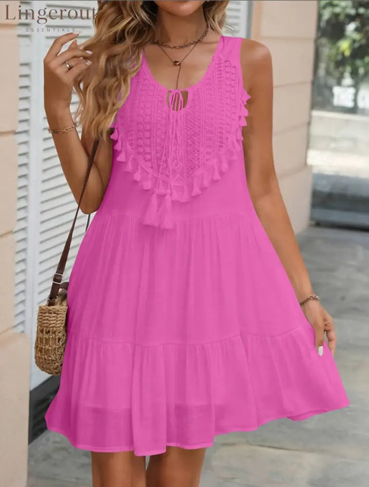 Crochet Lace Tassel‑Trim Sleeveless Tiered Mini Dress - Glitter / S