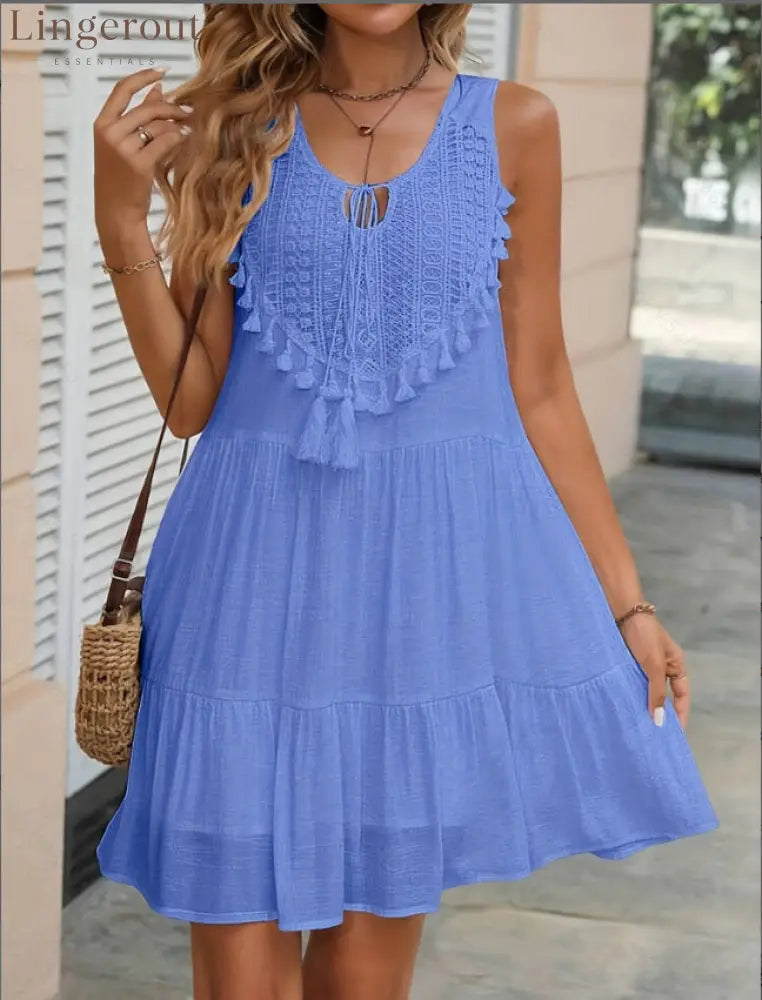 Crochet Lace Tassel‑Trim Sleeveless Tiered Mini Dress - Royal blue / S