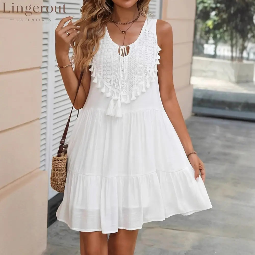 Crochet Lace Tassel‑Trim Sleeveless Tiered Mini Dress - White / S