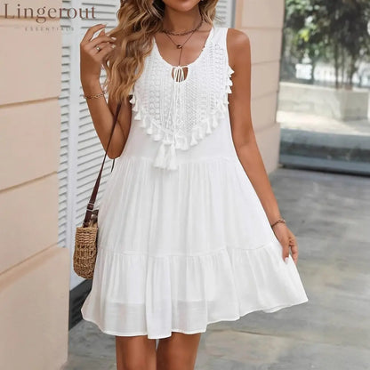 Crochet Lace Tassel‑Trim Sleeveless Tiered Mini Dress - White / S
