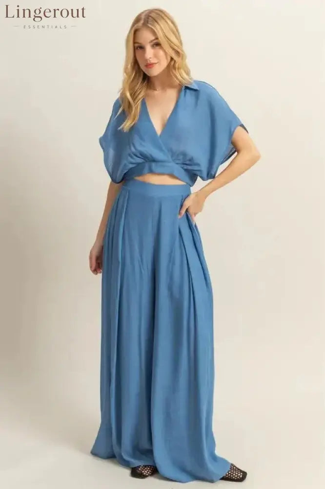 Crop Top and Wide Leg Pants Set - Sky blue / S