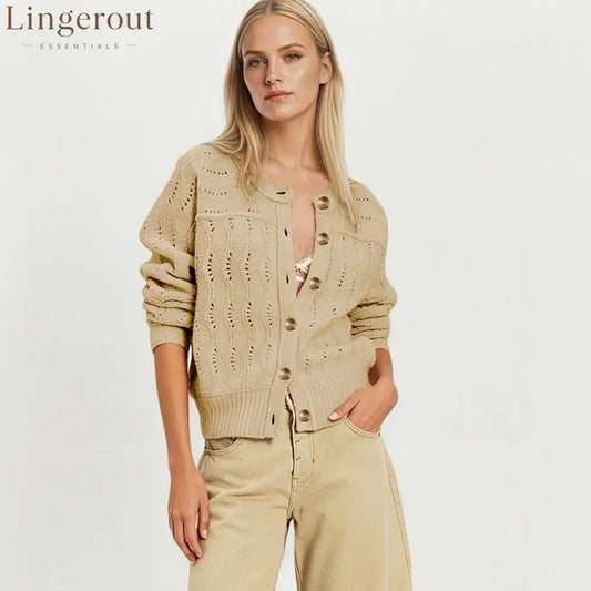 Cropped Hollow Knit Button Cardigan