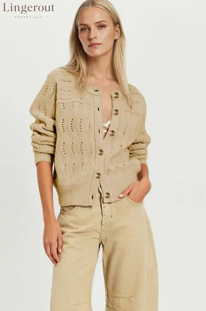 Cropped Hollow Knit Button Cardigan - Khaki / S