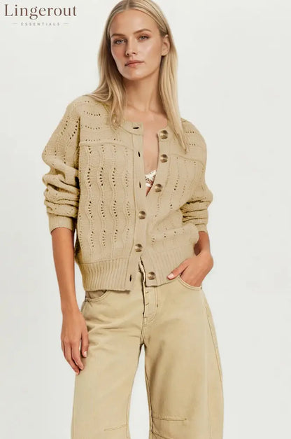 Cropped Hollow Knit Button Cardigan - Khaki / S