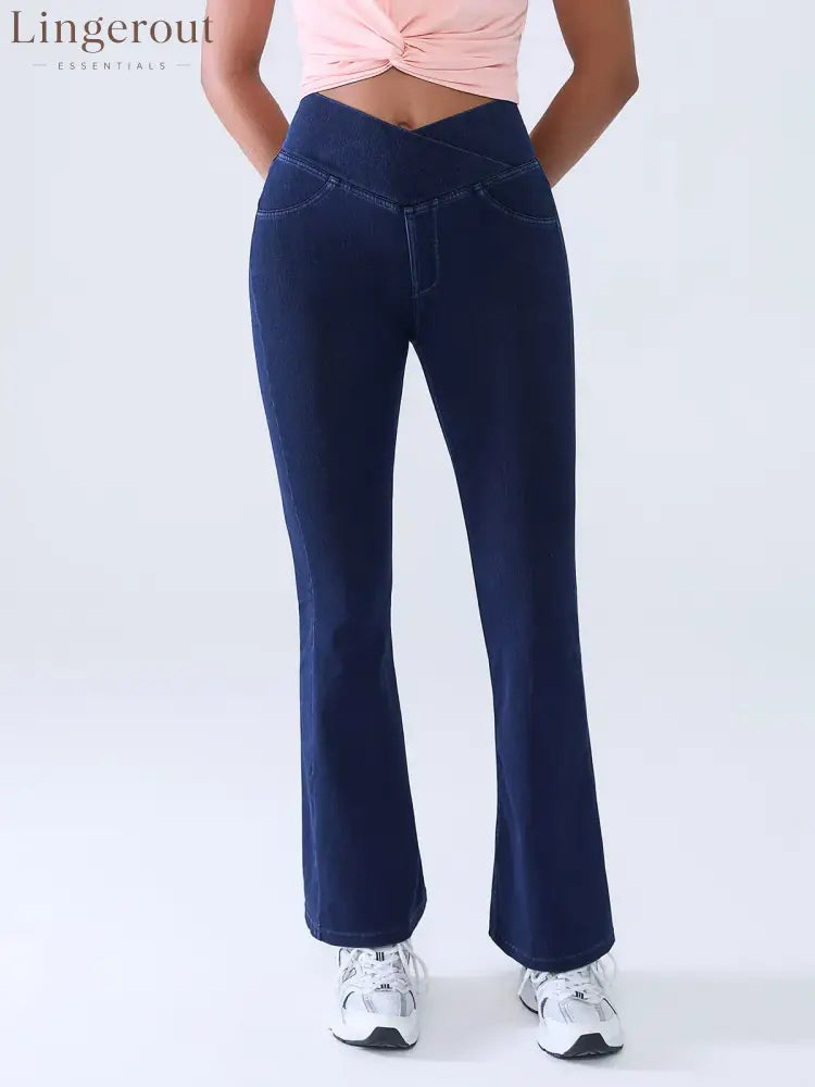 Crossover Denim Side Pockets Flare Leggings Petite