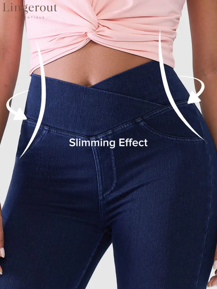 Crossover Denim Side Pockets Flare Leggings Petite