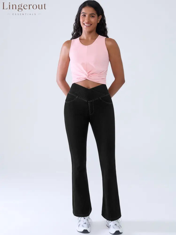 Crossover Denim Side Pockets Flare Leggings Petite