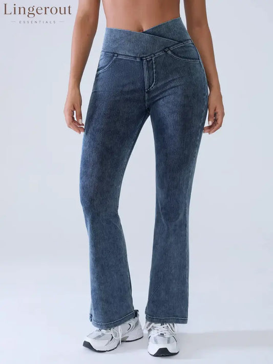 Crossover Denim Side Pockets Flare Leggings Petite