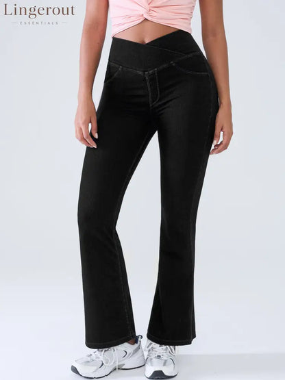 Crossover Denim Side Pockets Flare Leggings Petite