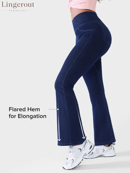 Crossover Denim Side Pockets Flare Leggings Petite