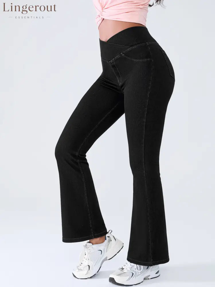 Crossover Denim Side Pockets Flare Leggings Petite