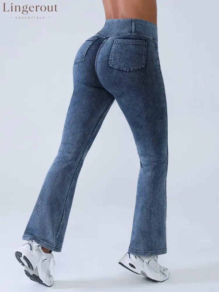 Crossover Denim Side Pockets Flare Leggings Petite - Denim Blue / XS