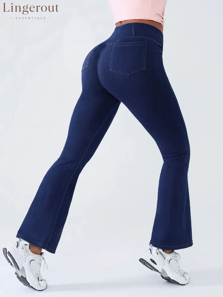 Crossover Denim Side Pockets Flare Leggings Petite - Navy Blue / XS