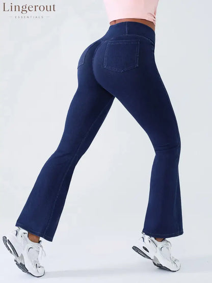 Crossover Denim Side Pockets Flare Leggings Petite - Navy Blue / XS
