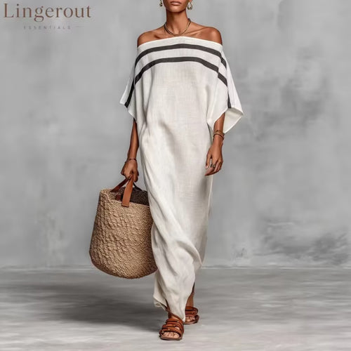 Stripe Off Shoulder Batwing Linen Maxi Kaftan Dress