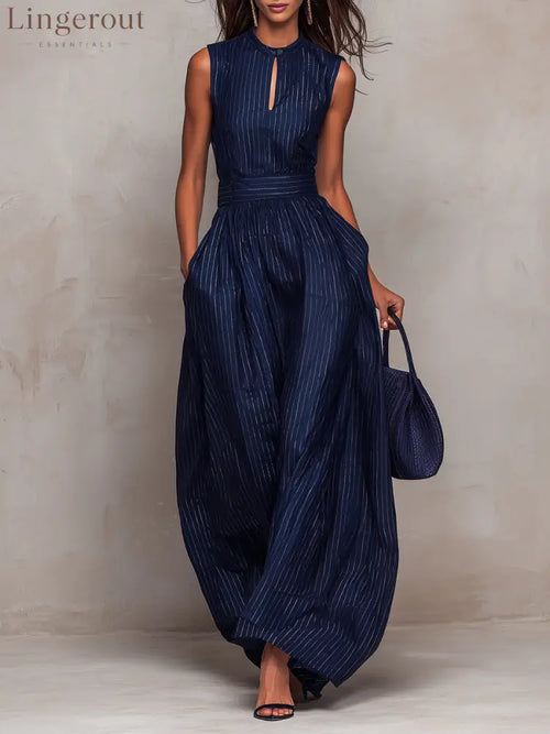 Dark Blue Striped Keyhole Neckline Wide-leg Jumpsuit - Dark Blue / XS