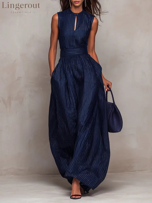 Dark Blue Striped Keyhole Neckline Wide-leg Jumpsuit - Dark Blue / XS