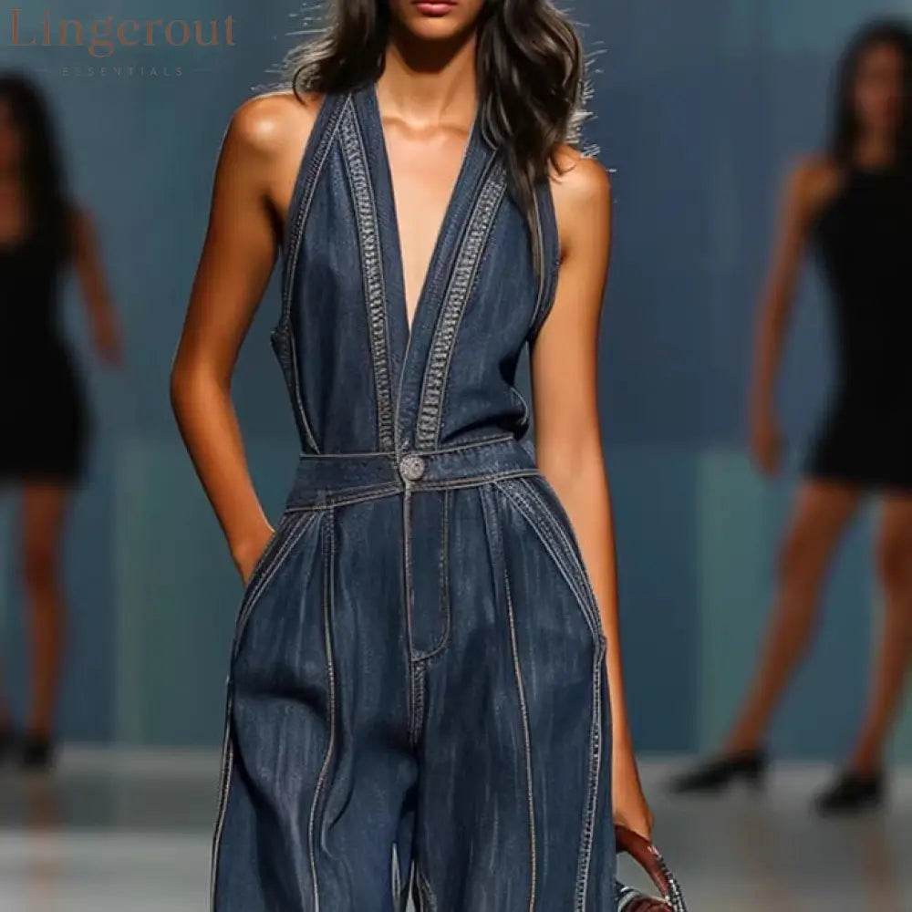 Dark Denim Halter Deep V Contrast Stitch High Waist Wide Leg Jumpsuit