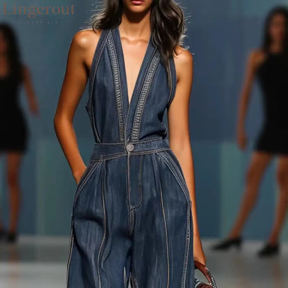 Dark Denim Halter Deep V Contrast Stitch High Waist Wide Leg Jumpsuit