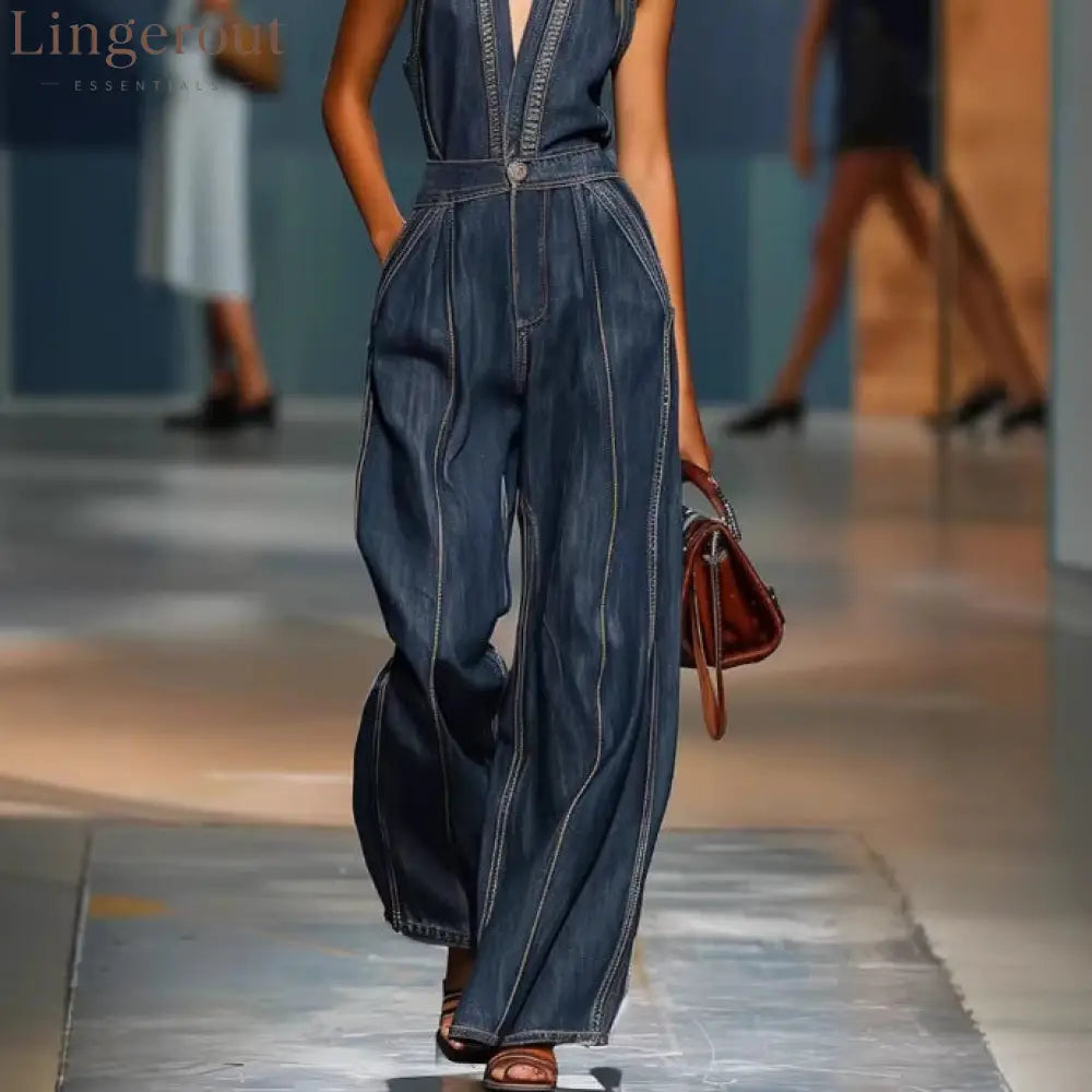 Dark Denim Halter Deep V Contrast Stitch High Waist Wide Leg Jumpsuit