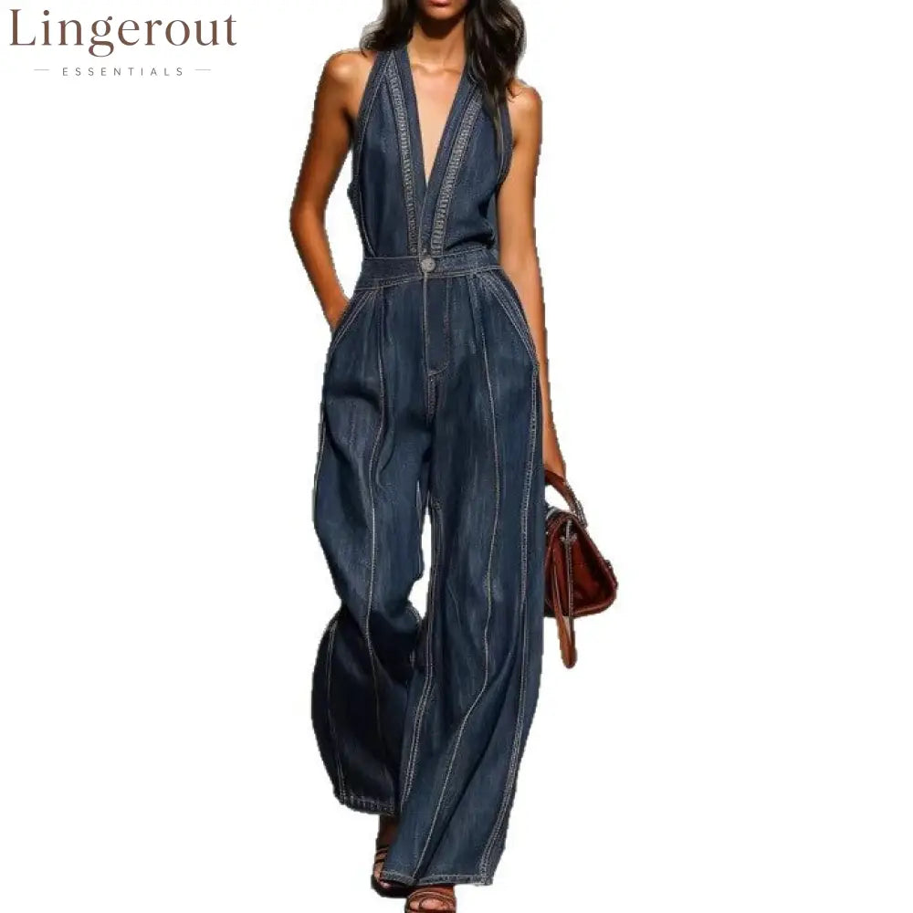 Dark Denim Halter Deep V Contrast Stitch High Waist Wide Leg Jumpsuit