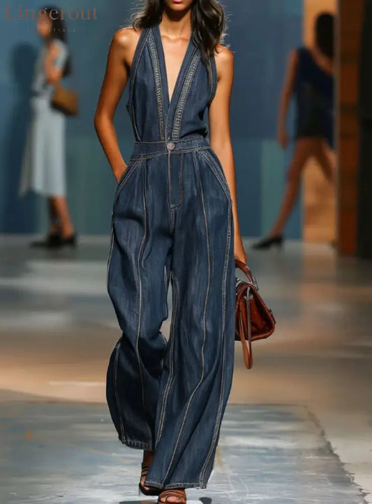 Dark Denim Halter Deep V Contrast Stitch High Waist Wide Leg Jumpsuit - Dark blue / S