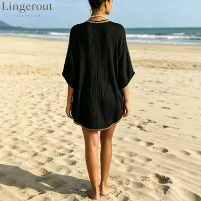 Deep V Batwing Sleeve High Low Hem Loose Beach Swim Tunic Mini Dress