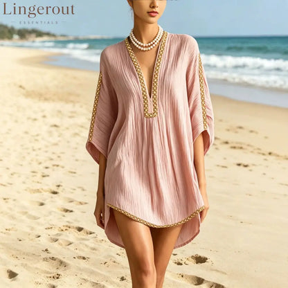 Deep V Batwing Sleeve High Low Hem Loose Beach Swim Tunic Mini Dress - Pink / S