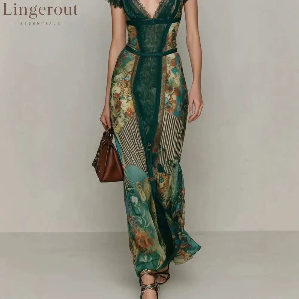 Deep V‑Neck Lace Cap Sleeve Vintage Print Maxi Dress