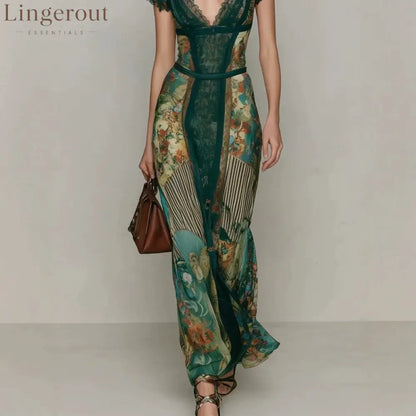 Deep V‑Neck Lace Cap Sleeve Vintage Print Maxi Dress