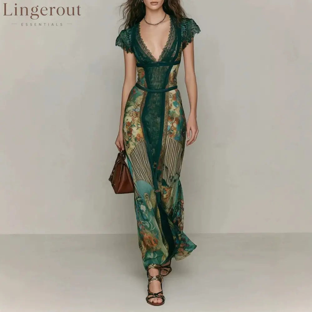 Deep V‑Neck Lace Cap Sleeve Vintage Print Maxi Dress