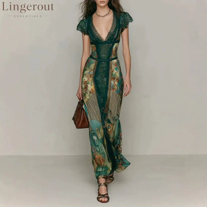 Deep V‑Neck Lace Cap Sleeve Vintage Print Maxi Dress