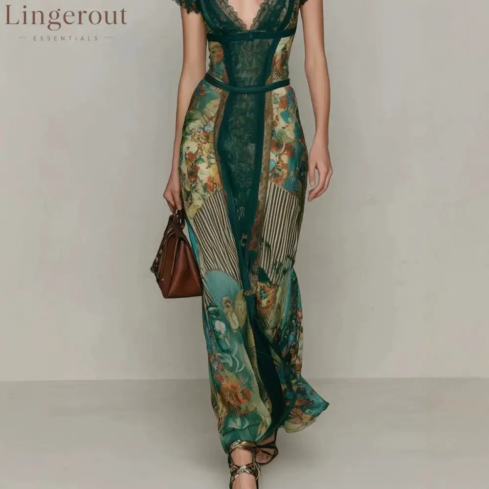 Deep V‑Neck Lace Cap Sleeve Vintage Print Maxi Dress