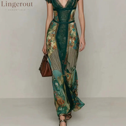 Deep V‑Neck Lace Cap Sleeve Vintage Print Maxi Dress