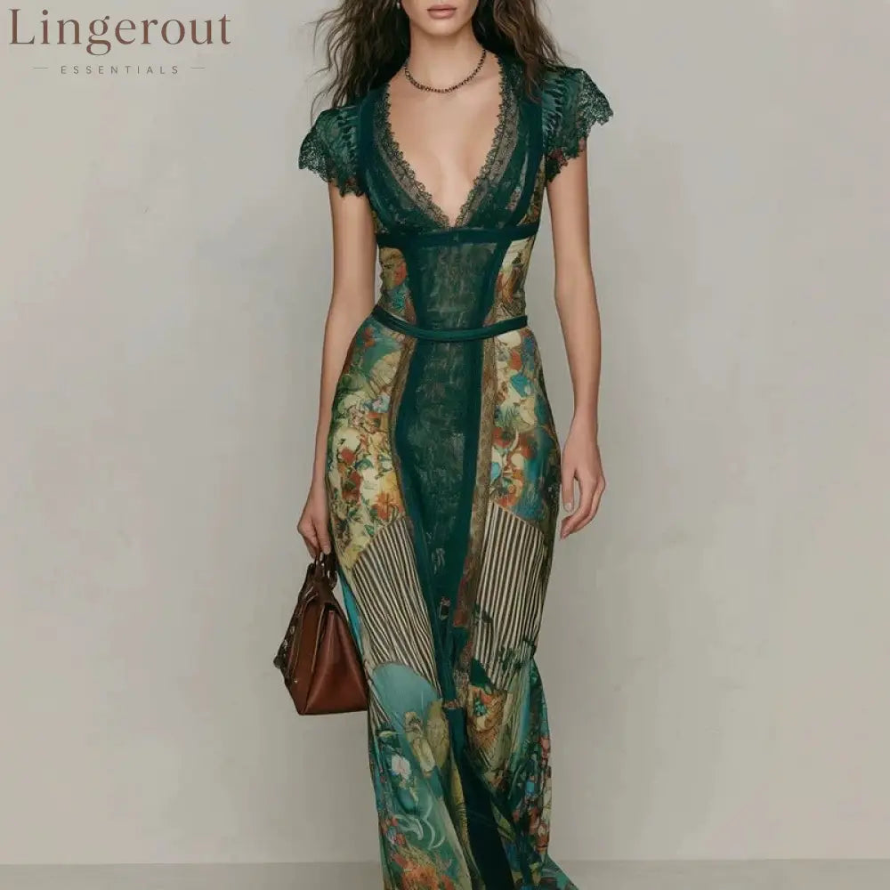 Deep V‑Neck Lace Cap Sleeve Vintage Print Maxi Dress