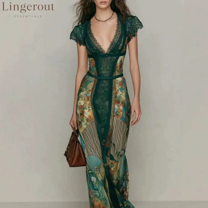 Deep V‑Neck Lace Cap Sleeve Vintage Print Maxi Dress