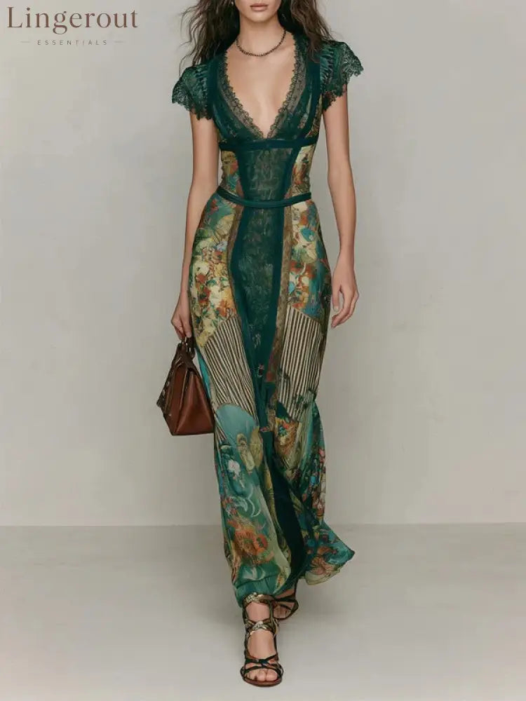 Deep V‑Neck Lace Cap Sleeve Vintage Print Maxi Dress - Dark green / S