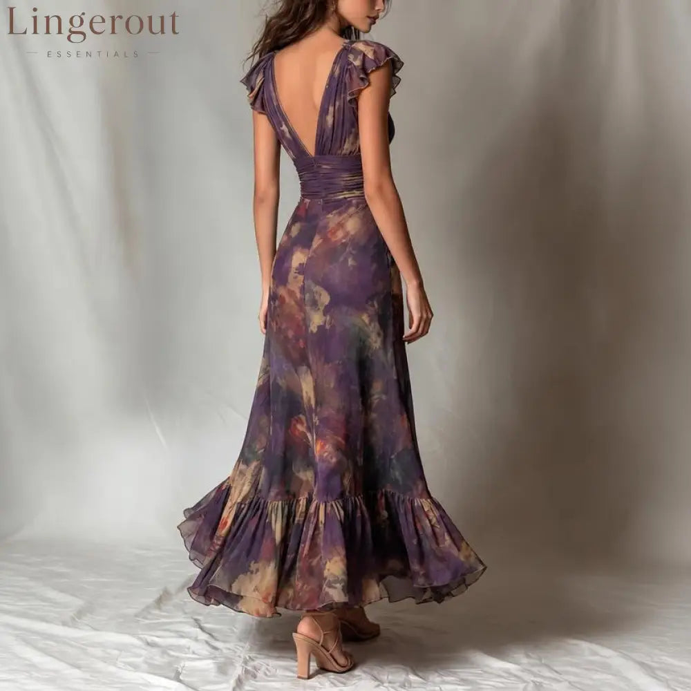 Deep V‑Neck Ruffle Cap Sleeve Watercolor Floral Maxi Dress