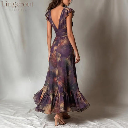 Deep V‑Neck Ruffle Cap Sleeve Watercolor Floral Maxi Dress