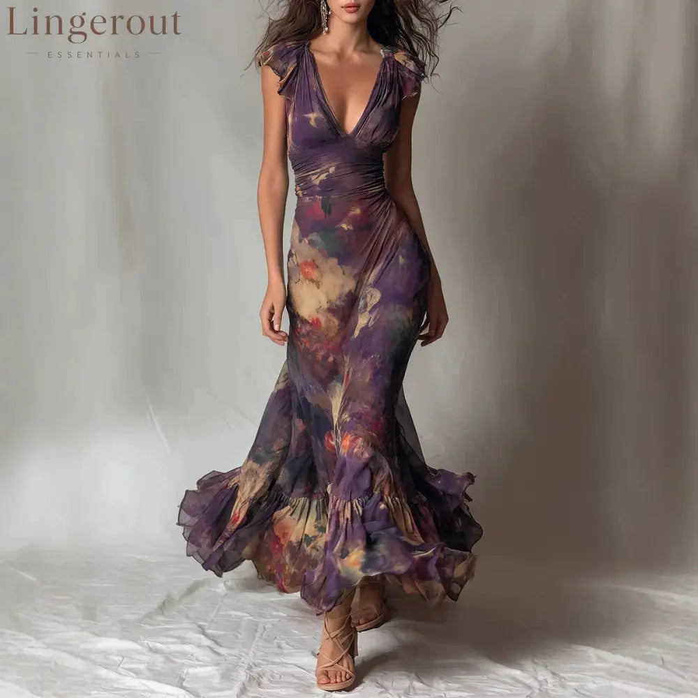 Deep V‑Neck Ruffle Cap Sleeve Watercolor Floral Maxi Dress
