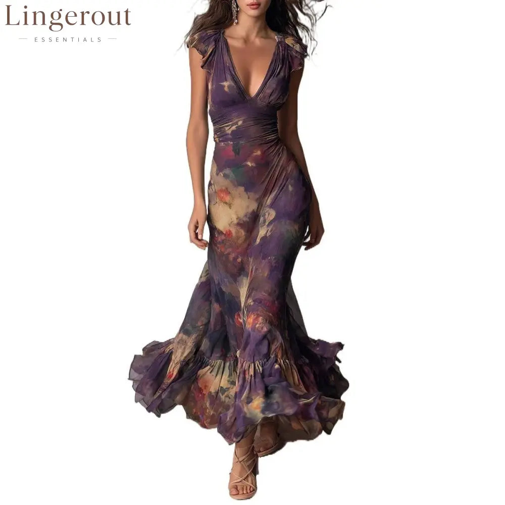 Deep V‑Neck Ruffle Cap Sleeve Watercolor Floral Maxi Dress