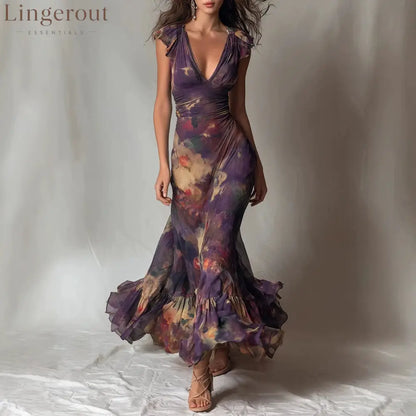 Deep V‑Neck Ruffle Cap Sleeve Watercolor Floral Maxi Dress