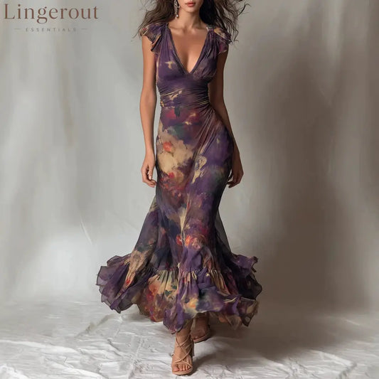 Deep V‑Neck Ruffle Cap Sleeve Watercolor Floral Maxi Dress