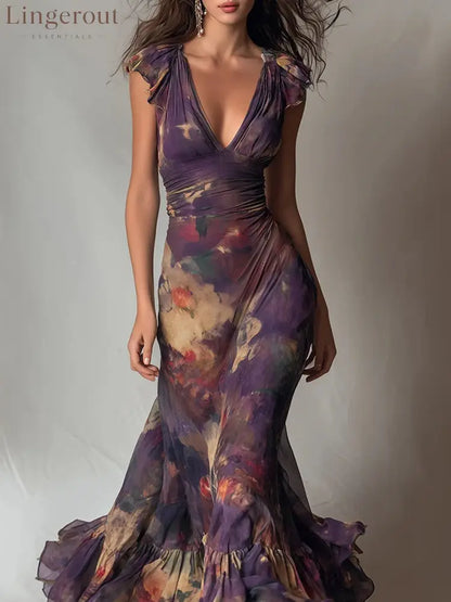 Deep V‑Neck Ruffle Cap Sleeve Watercolor Floral Maxi Dress - Purple / S